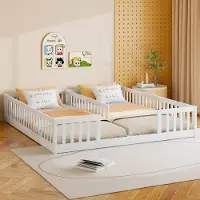 Merax Kinderbett 2× 90x200 cm, Massivholzbett mit Gitter, Ohne Lattenrost, Kiefernholz, Bodenbett, Flachbett, Jugendbett, Weiß