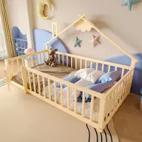 STILVORA 90x190 Kinderbett in Hausform mit Schloss-Geländer,Jugendbett aus Holz mit Hausleiste,Flachbett mit Sicherer Schutz,ohne Matratze,Natur