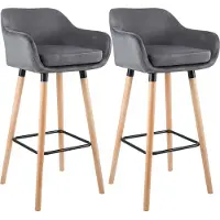 CLP Barhocker 2er Set gepolstert mit Lehne Grant, Barstuhl mit Samtbezug, Gestell aus Holz bis 150 kg belastbar, Farbe: grau