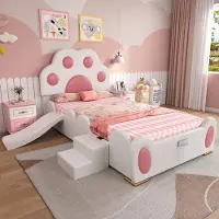 OKWISH Kinderbett 90x200 Einzelbett mit Kinderrutsche und zweistufigen Leiter,Verspieltes Kopfteil mit Katzenpfoten-Design,ohne Matratze,Weiß+Rosa