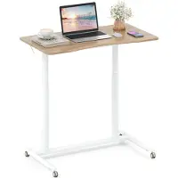 Costway Schreibtsich C-förmig mit Rollen, 70-106 cm höhenverstellbar, Kleiner Computertisch mit Metallrahmen, mobiles Stehpult, Laptoptisch, Natur