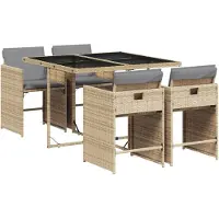 Syfax 5-tlg. Garten-Essgruppe mit Kissen Beigemischung Poly Rattan