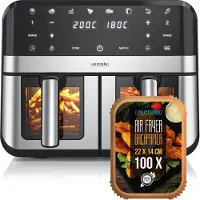 Arendo Heißluftfritteuse Doppelkammer 9 l, Airfryer mit 2 Garzonen, 2400 W, 3in1 mit Backofen und Dörrautomat, 8 Programme, Sichtfenster mit Innenbeleuchtung, inkl. Backpapier