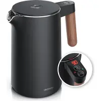 Arendo Wasserkocher Edelstahl 1,5 l, 2200 W, Teekocher mit 7 Temperaturstufen 40 bis 100 °C, Griff in Holzoptik, LED-Display, BPA-frei, schwarz, mit Wasserstandsanzeige