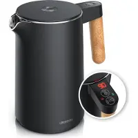 Arendo Wasserkocher Edelstahl 1,5 l, 2200 W, Teekocher mit 7 Temperaturstufen bis 100 °C, Warmhaltefunktion, Griff in Holzoptik, LED-Display, Tropfstopp, Kalkfilter, schwarz