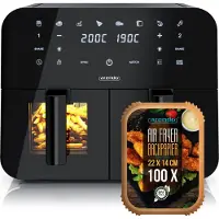 Arendo Heißluftfritteuse XXL 9 l Doppelkammer Airfryer, 2400 W, Dual Zone mit 2 Frittierkörben, inklusive Backpapier und Zubehör, Sichtfenster mit Innenbeleuchtung, schwarz