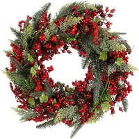 Mica Decorations Norah Türkranz mit Tannenzapfen - Weihnachtsdeko für Tür und Fenster im Winter - Weihnachtskranz mit Tannenzweigen, roten Beeren und Dekoration - H13 x Ø50 cm - Rot