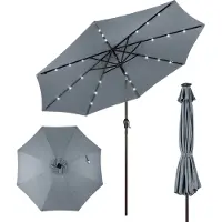 Costway Sonnenschirm 300cm mit 8 Rippen, LED-Solar-Beleuchtung & Kurbel, Gartenschirm beidseitig um 30° knickbar, Terrassenschirm Marktschirm Grau