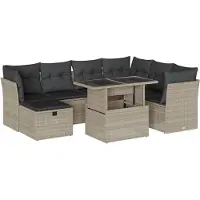 Syfax 8-tlg. Garten-Sofagarnitur mit Kissen Hellgrau Poly Rattan