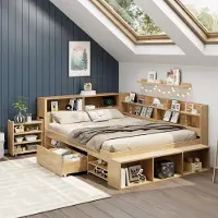 OKWISH Kinderbett 140×200 mit ausziehbarer Nachttisch,Holzbett Jugendbett mit Regal und Schubladen,Multifunktionales Bettgestell Etagenbett,ohne Matratze, Natur