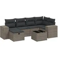 Syfax 7-tlg. Garten-Sofagarnitur mit Kissen Hellgrau Poly Rattan