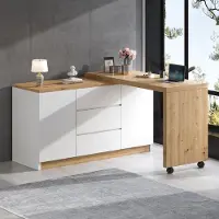 ALFORIGO Schreibtisch, 4 cm starke Platte, drehbar, mit 2 Bremsrollen, 2 Türen und 3 Schubladen, Eckschreibtisch als Schminktisch, Weiß und Eichenoptik