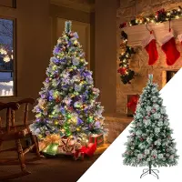 Costway 180cm Künstlicher Weihnachtsbaum LED, beleuchteter Tannenbaum mit Kiefernzapfen & roten Beeren & Metallständer, 11 Lichtmodi, Christbaum PVC Kunstbaum Weihnachten, grün