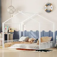 Merax Kinderbetten 140x200 cm, Hausbett, Jugendbett aus Dachrahmen Metall, Flachbett, Bodenbett, Weiß