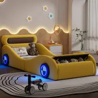 Merax Kinderbetten 90x200cm, Autobett mit LED Rädern, Stauraum, Lattenrost, Jugendbett, Einzelbett, Polsterbett, PU, Gelb