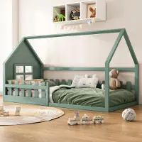 ALFORIGO Kinderbett 90x200 cm in Hausform, Bettrahmen aus Kiefernholz und MDF, 7 Latten, bis 140 kg, Gesamtmaß 204x96,5x113,8 cm, Grün