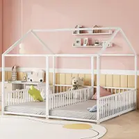 Ulife Kreatives Kinder-Etagenbett mit Hausform – Stabiler Metallrahmen und Sicherheitsgeländer für zwei Kinder – 90x200cm, Weiß