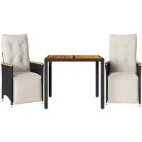 Syfax 3-tlg. Garten-Bistro-Set mit Kissen Schwarz Poly Rattan