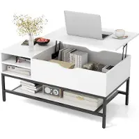 Costway Couchtisch mit anhebbarer Platte, Wohnzimmertisch mit verstecktem Staufach und herausnehmbarer Ablage, Sofatisch und Metallrahmen weiß