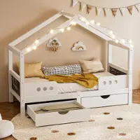 OKWISH Jugendbett 90×200 Kinderbett ohne Matratze mit 2 großen Schubladen,Einzelbett Holzbett mit Dachdesign,Weiß