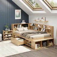 MODFU Kinderbett Jugendbett 90×200 mit Matratze,Bettgestell mit ausziehbarer Nachttisch,Multifunktionales Stauraumbett mit Regal und Schubladen,Natur