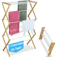 Relaxdays Wäscheständer, klappbar, 11 Stangen, HxBxT: 115 x 73 x 33 cm, Bambus, Metall, Turmwäscheständer, natur/weiß
