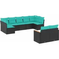 Syfax 9-teiliges Gartensofa-Set mit Kissen, schwarzes Polyrattan