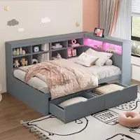 UnboxG Sofa aus Massivholz, 90 × 200 cm (grau): Fächer/Ablagen (großer Stauraum), USB-Anschluss + Steckdose, LED-Streifen. (Multifunktionales Einzelbett)