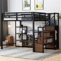 Merax Hochbett 140x200 mit TV-Ständer, Kinderbett mit Steckdose und Sicherheitsleiter, Etagenbett aus Metall und Holz, platzsparendes Loftbett, Schwarz
