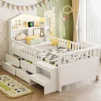 ALFORIGO Bodenbett 90 x 200 cm mit 4 Schubladen, Sicherheitsgitter, LED, USB & Typ-C, Seitenstufen und Lattenrost, Kinderbett Weiß