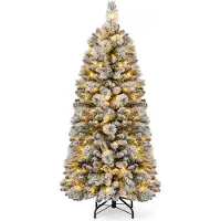 Costway 150 cm Künstlicher Weihnachtsbaum mit Beleuchtung, Pop Up Tannenbaum mit 130 warmweiße LED-Lichtern & 378 Zweigspitzen, beflockter Christbaum
