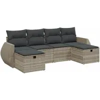 Syfax 6-tlg. Garten-Sofagarnitur mit Kissen Hellgrau Poly Rattan
