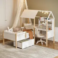 Flieks Kinderbett Hausbett 90x200cm mit Schreibtisch und Regal, Holzbett Einzelbett mit Schublade, Kinderbett mit Rausfallschutz und Lattenrost