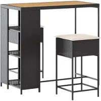Syfax 3-tlg. Gartenbar-Set mit Kissen Schwarz Poly Rattan