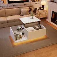 MODFU Moderner Beistelltisch LED-Sideboard Couchtisch mit Hochglanz-Oberfläche,mit verstecktem Stauraum und offener Ablage,Weiß