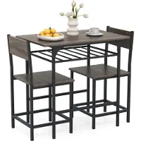 Costway 80x52,5x77 cm Esstisch, 3-teilige Essgruppe Holz mit 2 Stühlen, Ablagefach&Metallrahmen, Kleiner Küchentisch für 2, Esszimmergruppe Grau