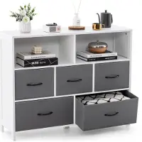 Costway Kommode mit 5 Schubladen, Aufbewahrungsschrank mit offenen Regalen & klappbarer Stoffschubladen, Schubladenschrank Sideboard aus Holz für Wohnzimmer Schlafzimmer Flur