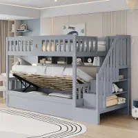 Flieks Etagenbett 90x200cm mit Regal, Hydraulisches Kinderbett mit Stauraum, Hochbett Stockbett mit Rausfallschutz und Lattenrost, Einzelbett Grau