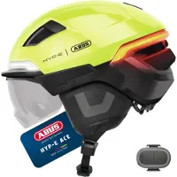 ABUS Fahrradhelm HYP-E ACE - mit Frontlicht, Rücklicht und Blinklicht - mit Visier und Ohrenschützern - geeignet auch für E-Bike und S-Pedelec - für Damen und Herren - Größe M, Signal Gelb