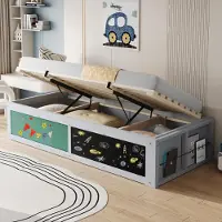 MODFU Einzel-Kinderbett 90x200 Holzbett mit Aufbewahrungsmechanismus,Einzelbett ohne Matratze mit Stauraum für Bücher,links/rechts montierbar.grau