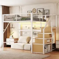 ALFORIGO Hochbett 140 x 200 aus Metall mit App-LED/Stauraumtreppe – Metallbett mit offenem Kleiderschrank und freiem Unterbereich, Bettgestell in Weiß