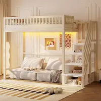 Flieks Etagenbett 90x200cm mit Stauraumtreppe, Kinderbett Einzelbett mit Led und Rausfallschutz, Hochbett Holzbett mit Lattenrost, Naturbelassen