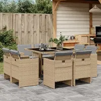 The Living Store 9-tlg. Garten-Essgruppe mit Kissen Beigemischung Poly Rattan