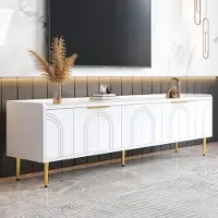 Merax TV-Schrank mit 3D-Türen, TV Lowboard mit goldene Griffe und Füße, TV-Ständer aus MDF, flexibler Stauraum für Wohnzimmer, Kabelmanagement, Weiß