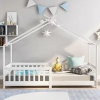 Merax Hausbett 90x200cm mit Rausfallschutz und Lattenrost, Kinderbett für Mädchen und Jungen, Jungenbett Babybett aus massivem Kiefernholz, Weiß