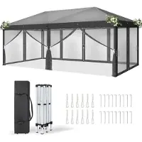 LEADZM Faltpavillon Partyzelt Pop Up Pavillon 3x6m, mit 6 Netzvorhängen, UV-Schutz ,höhenverstellbarer Gartenpavillon, mit Tragetasche,Grau