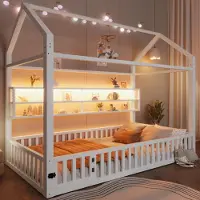 Merax Kinderbett 90x200 cm, Hausförmiges Plattformbett mit LED-Beleuchtung, Sicherheitszaun, Regale, Metall Jugendbett, Bodenbett, Eisenbett, Weiß