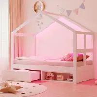 MODFU Kinderbett 90×190 mit Schubladen und kleinem Schuhschrank,Holzbett,Einzelbett mit mehrfarbiger LED-Beleuchtung,ohne Matratze,Weiß