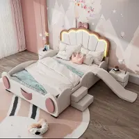 MODFU Kinderbett Polsterbett 140×200 cm mit LED-Farbwechsellicht und Rutsche, Jugendbett Doppelbett mit Leiter und Kopfteil in Schmetterlingform(Ohne Matratze), PU, rosa + weiß