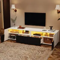 STILVORA TV-Schrank 180x38,5x45 cm Schwarz Weiß Hochglanz mit LED Beleuchtung Bluetooth App Steuerung 2 Türen 2 Schubladen 4 Offene Fächer TV-Möbel